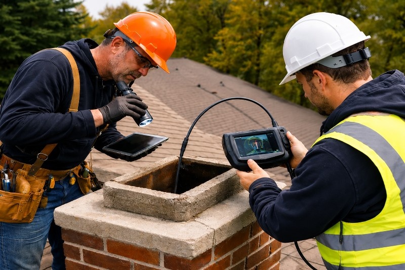 Chimney sweep technician using a video inspection camera to scan a chimney flue