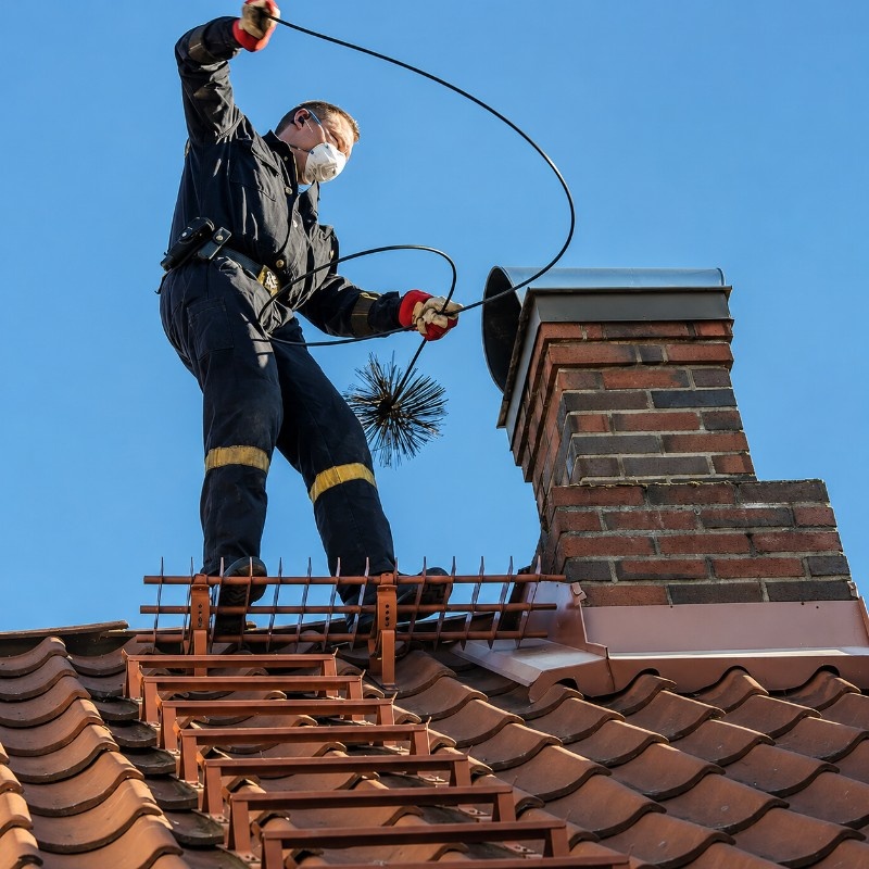 Chimney sweep technician monitoring a video inspection screen on a rooftop chimney