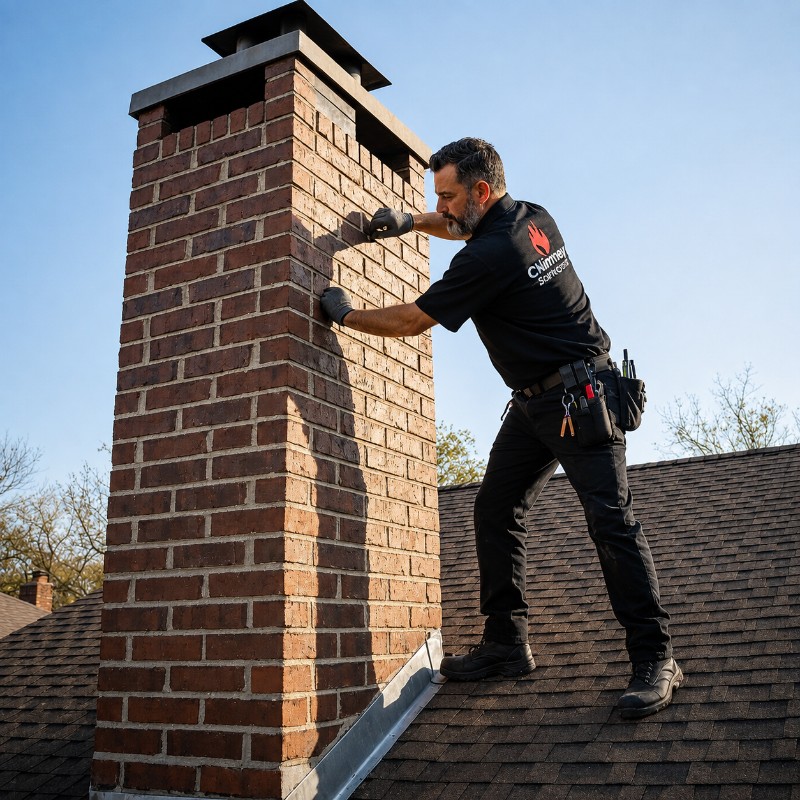 Chimney technician documenting an inspection with a tablet on a rooftop