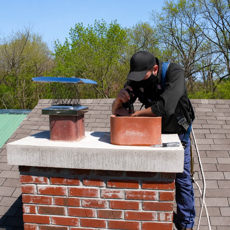 Two chimney technicians reviewing video inspection footage on a rooftop