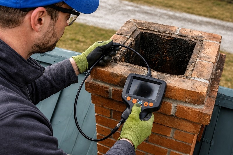 Chimney inspection technician using a video camera to scan a flue in Manhasset Hills
