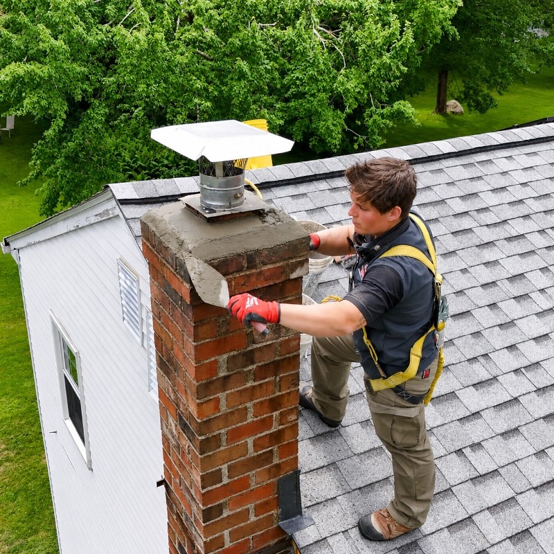 Chimney technician inspecting brick masonry damage on a rooftop chimney