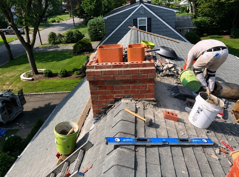 Chimney repair technician working on masonry repair in Manhasset Hills