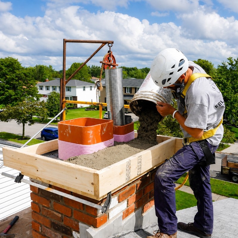 Chimney repair technician performing masonry tuckpointing on a chimney