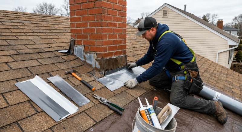 Chimney technician completing a chimney crown repair on a rooftop