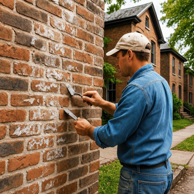 Freshly tuckpointed brick chimney on a residential home in Manhasset Hills