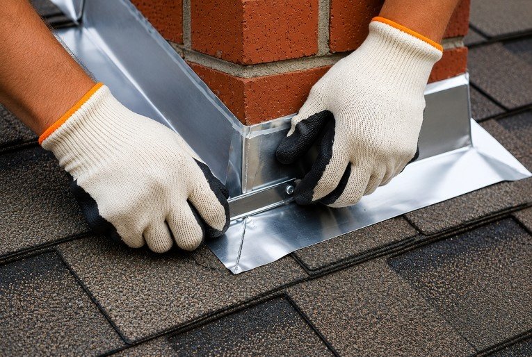 CSIA-certified technician applying breathable waterproofing sealant to a chimney in Manhasset Hills