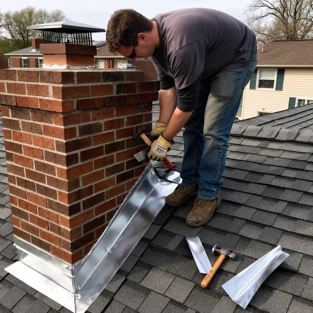 Freshly waterproofed chimney with new flashing on a residential home in Manhasset Hills