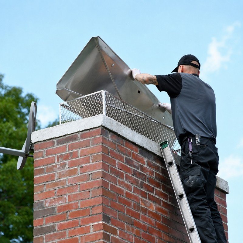 CSIA-certified technician installing a stainless steel chimney cap in Manhasset Hills