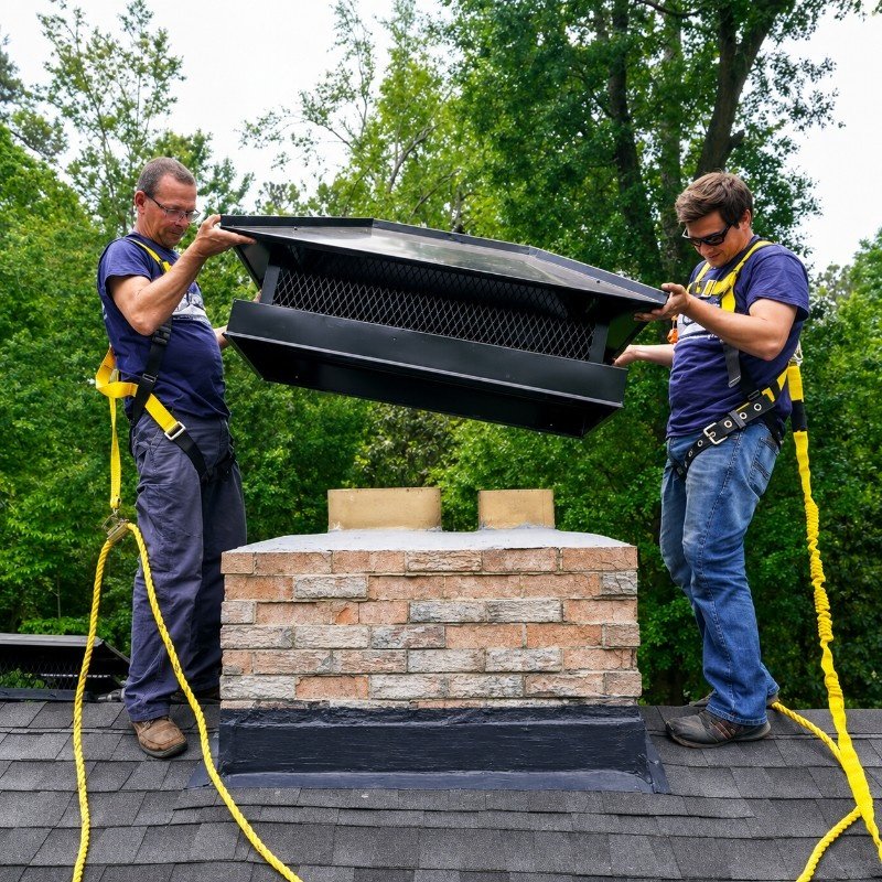 Chimney technician on a rooftop completing cap and crown work in Manhasset Hills