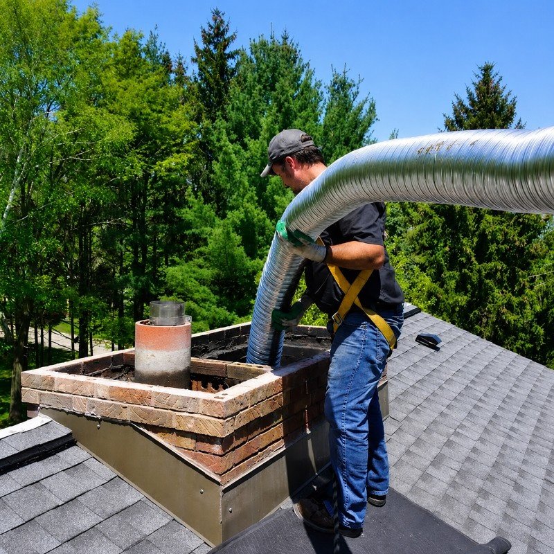 Stainless steel chimney liner installation on a residential chimney in Manhasset Hills