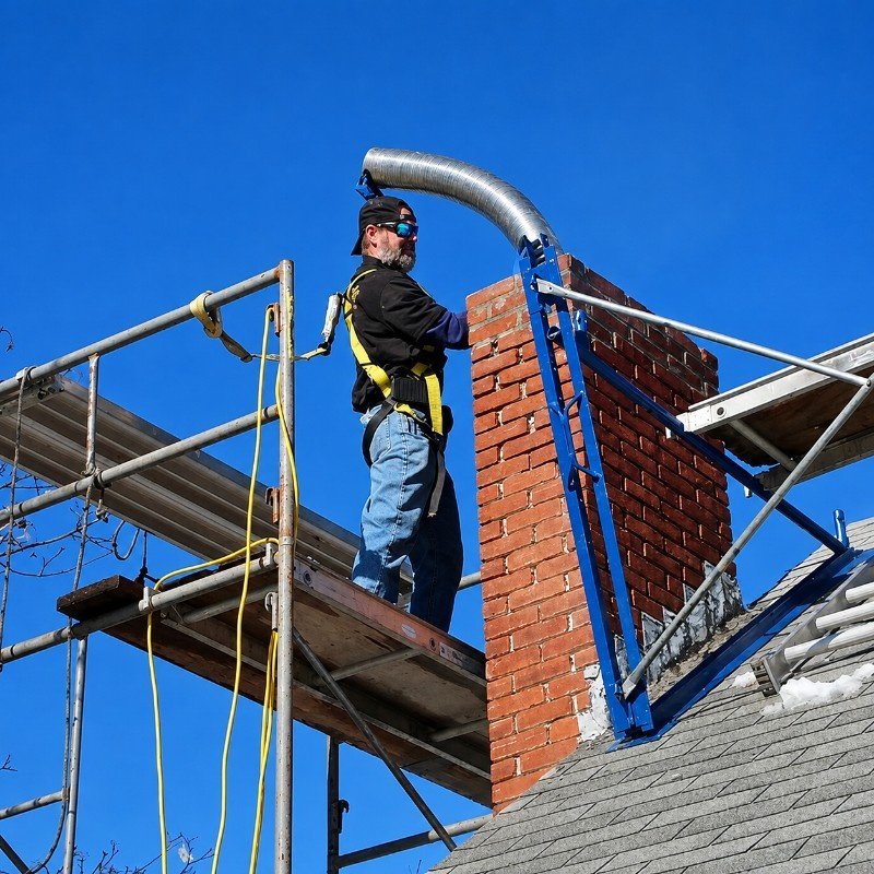 Chimney technician on a rooftop completing chimney liner and masonry work in Manhasset Hills