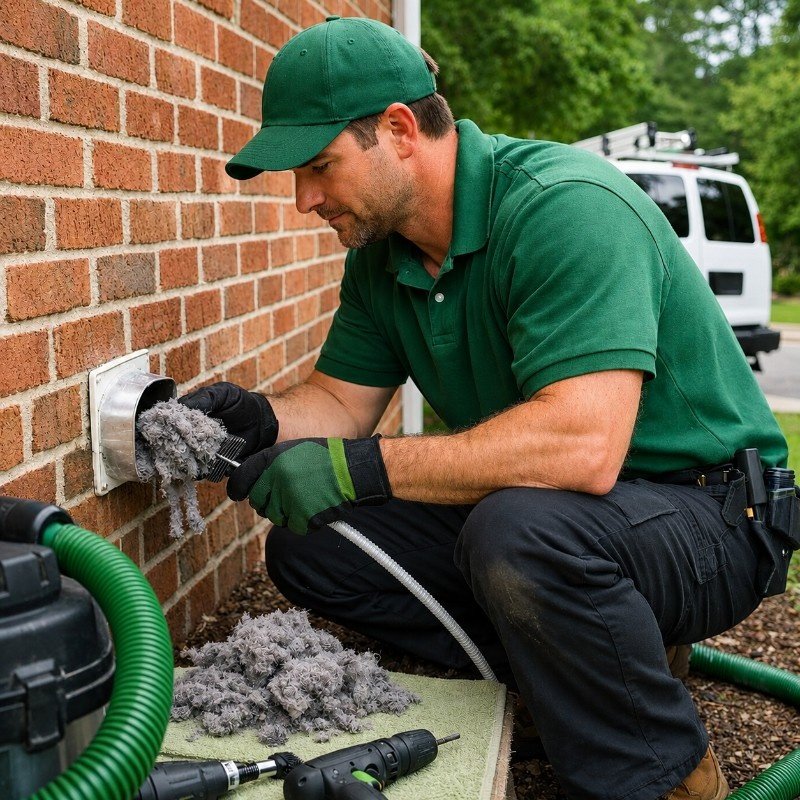 Technician inspecting a dryer vent duct for lint buildup