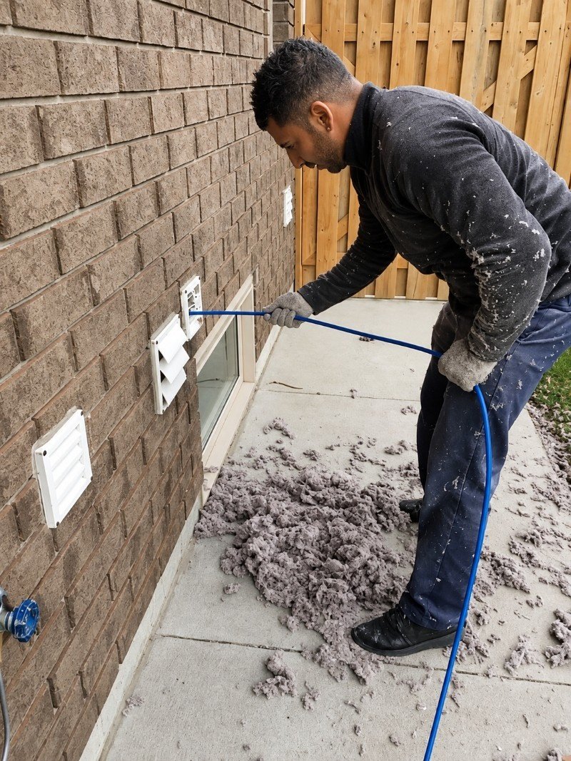 Technician using vent cleaning equipment on a residential dryer vent