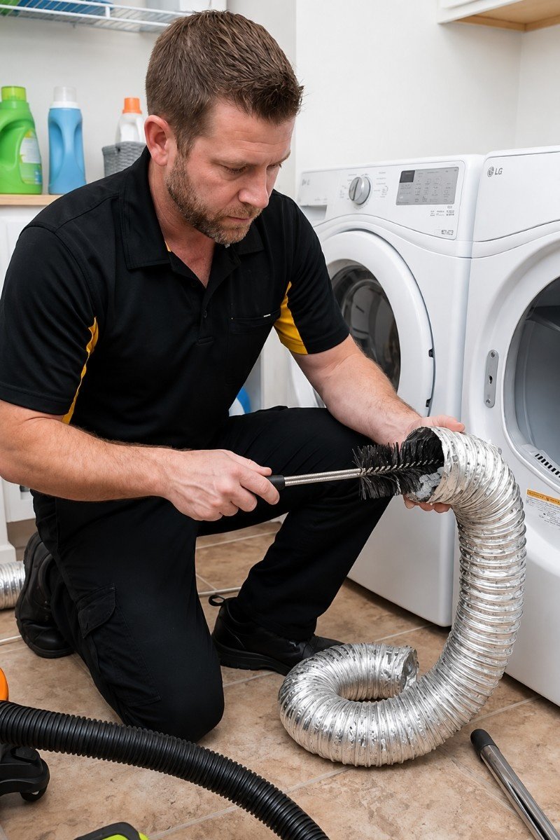Technician completing a dryer vent cleaning job in Manhasset Hills